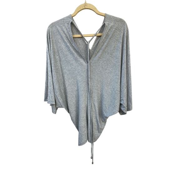 Gray Drawstring Poncho Top V Neck Dolman Sleeve‎ Casual Comfy Blouse - Picture 2 of 4